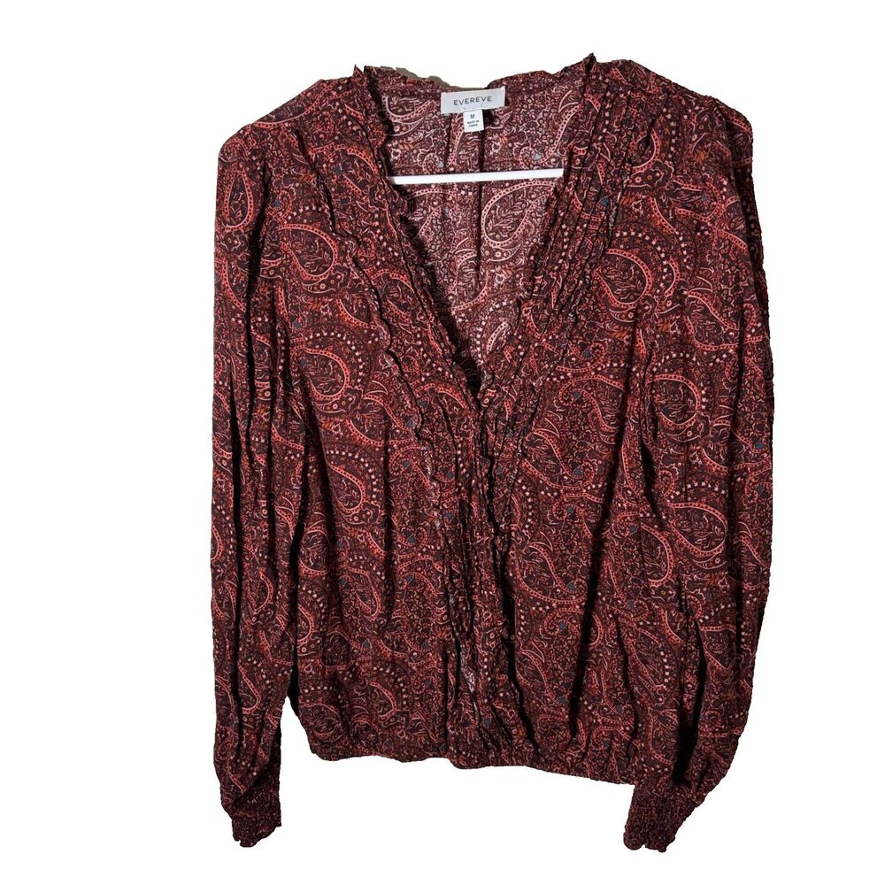 Evereve Blouse Women's Medium Colorful Floral Ruffle V-Neck Long Sleeve Tio
